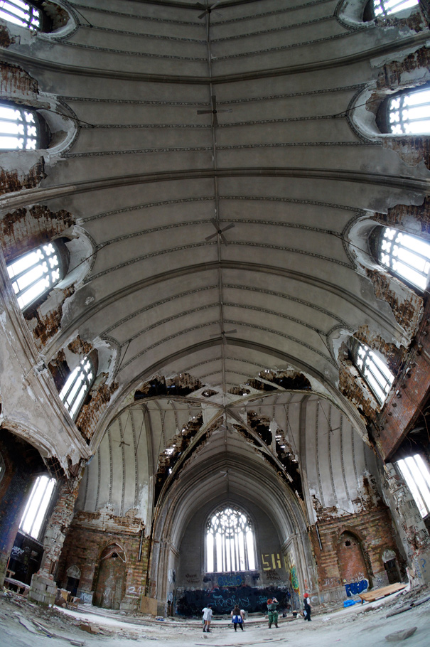Fish eye shot of vaulted church ceiling